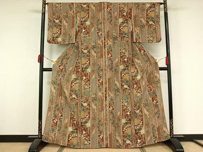 平和屋着物▽上質な小紋　単衣　吉祥花間道　鬼しぼ縮緬　正絹　逸品　AABL0319jh