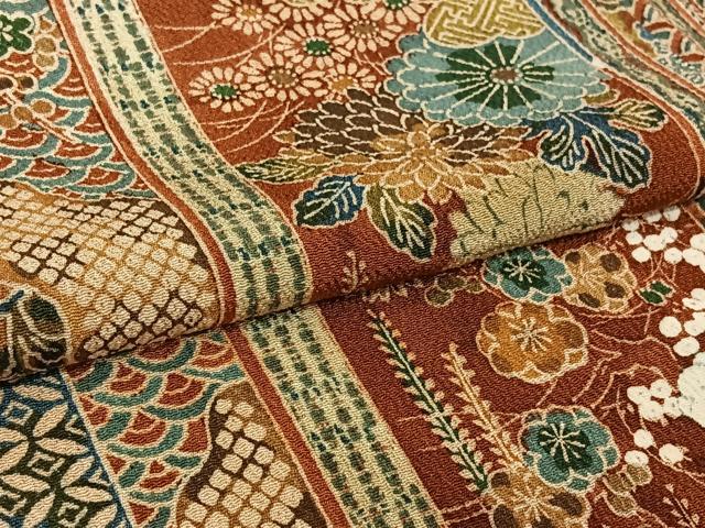 平和屋着物▽上質な小紋　単衣　吉祥花間道　鬼しぼ縮緬　正絹　逸品　AABL0319jh