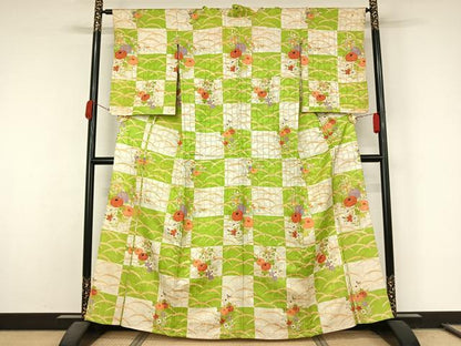 平和屋着物▽訪問着　単衣　芝花文　金通し地　正絹　逸品　AABL0321jh