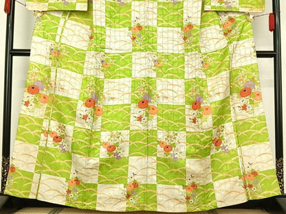 平和屋着物▽訪問着　単衣　芝花文　金通し地　正絹　逸品　AABL0321jh