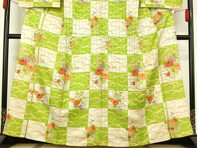 平和屋着物▽訪問着　単衣　芝花文　金通し地　正絹　逸品　AABL0321jh