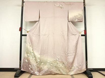 平和屋着物▽訪問着　単衣　草花文　暈し染め　金銀彩　正絹　逸品　AABL0326jh