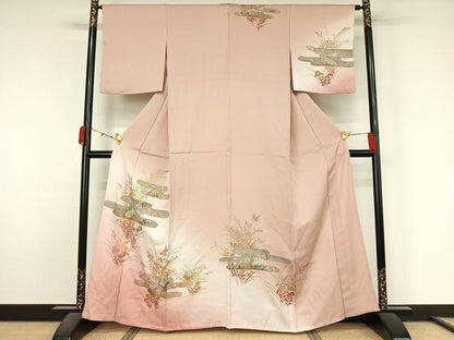 平和屋着物▽訪問着　単衣　刺繍　花鳥文　暈し染め　金彩　正絹　逸品　AABL0332jh