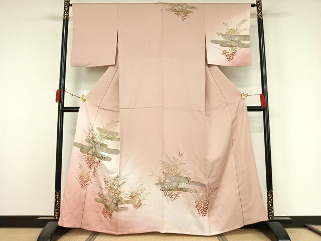 平和屋着物▽訪問着　単衣　刺繍　花鳥文　暈し染め　金彩　正絹　逸品　AABL0332jh