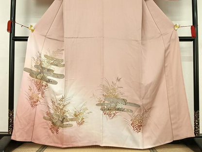 平和屋着物▽訪問着　単衣　刺繍　花鳥文　暈し染め　金彩　正絹　逸品　AABL0332jh