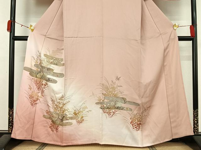 平和屋着物▽訪問着　単衣　刺繍　花鳥文　暈し染め　金彩　正絹　逸品　AABL0332jh