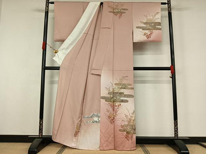 平和屋着物▽訪問着　単衣　刺繍　花鳥文　暈し染め　金彩　正絹　逸品　AABL0332jh