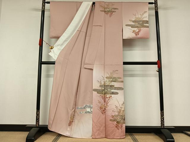 平和屋着物▽訪問着　単衣　刺繍　花鳥文　暈し染め　金彩　正絹　逸品　AABL0332jh