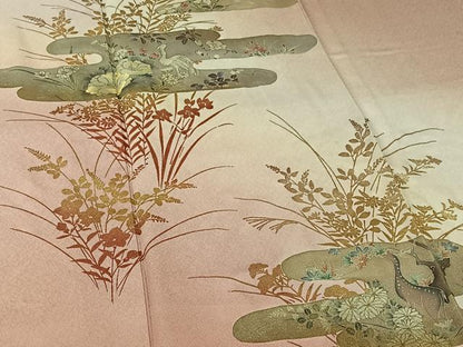 平和屋着物▽訪問着　単衣　刺繍　花鳥文　暈し染め　金彩　正絹　逸品　AABL0332jh
