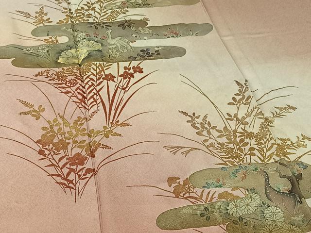 平和屋着物▽訪問着　単衣　刺繍　花鳥文　暈し染め　金彩　正絹　逸品　AABL0332jh