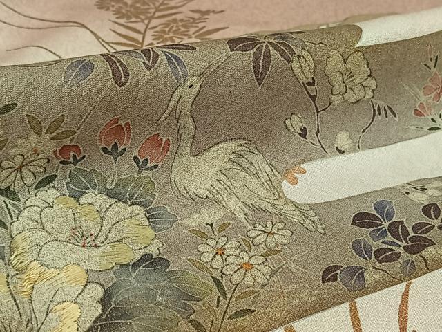 平和屋着物▽訪問着　単衣　刺繍　花鳥文　暈し染め　金彩　正絹　逸品　AABL0332jh