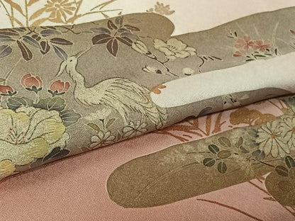 平和屋着物▽訪問着　単衣　刺繍　花鳥文　暈し染め　金彩　正絹　逸品　AABL0332jh