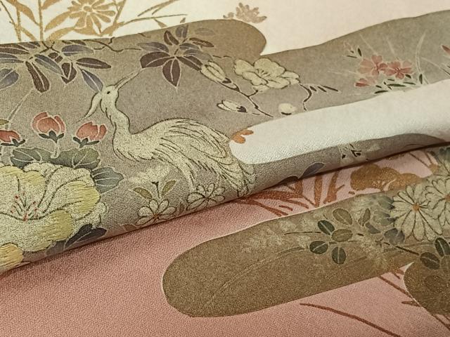 平和屋着物▽訪問着　単衣　刺繍　花鳥文　暈し染め　金彩　正絹　逸品　AABL0332jh