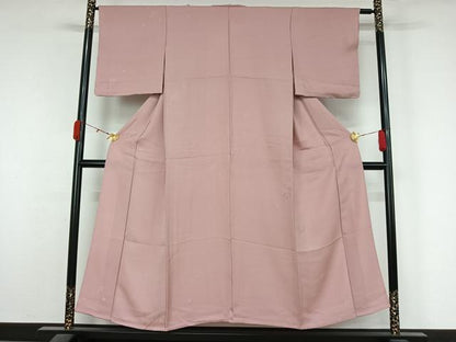 平和屋着物▽上質な色無地　単衣　総刺繍　草葉地紋　撫子色　正絹　逸品　AABL0333jh