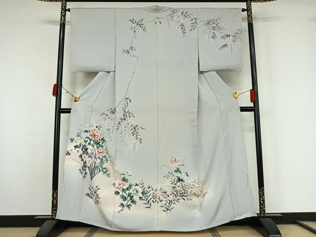 平和屋着物▽訪問着　単衣　手描き　草花文　暈し染め　正絹　逸品　AABL0335jh