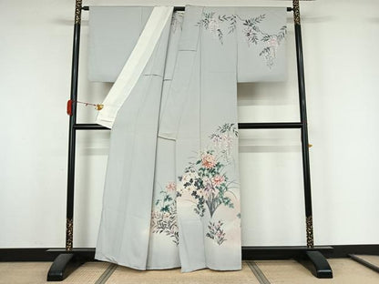 平和屋着物▽訪問着　単衣　手描き　草花文　暈し染め　正絹　逸品　AABL0335jh