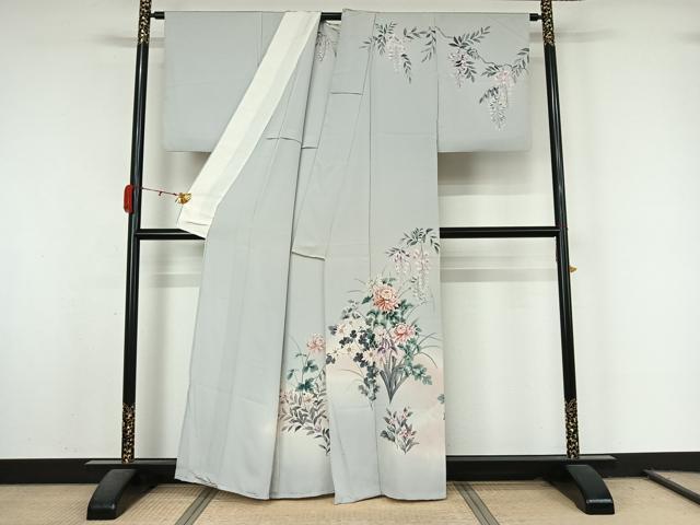 平和屋着物▽訪問着　単衣　手描き　草花文　暈し染め　正絹　逸品　AABL0335jh