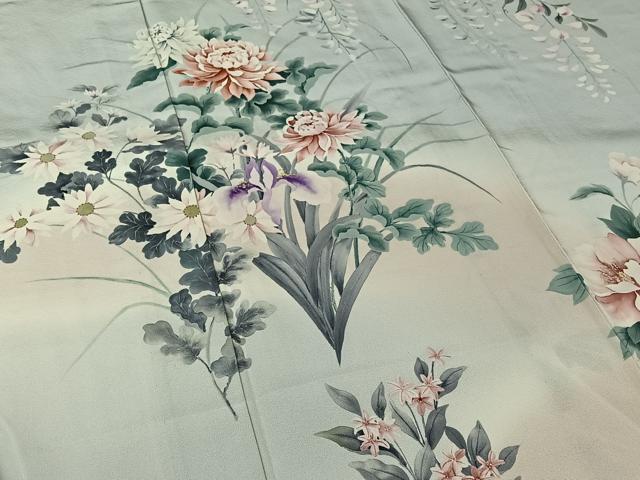 平和屋着物▽訪問着　単衣　手描き　草花文　暈し染め　正絹　逸品　AABL0335jh