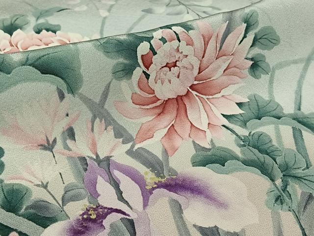 平和屋着物▽訪問着　単衣　手描き　草花文　暈し染め　正絹　逸品　AABL0335jh