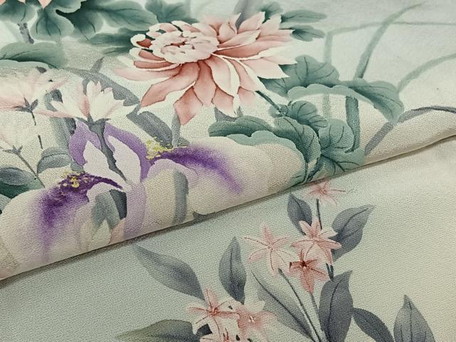 平和屋着物▽訪問着　単衣　手描き　草花文　暈し染め　正絹　逸品　AABL0335jh