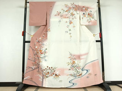 平和屋着物▽訪問着　単衣　駒刺繍　流水花文　暈し染め　正絹　逸品　AABL0337jh