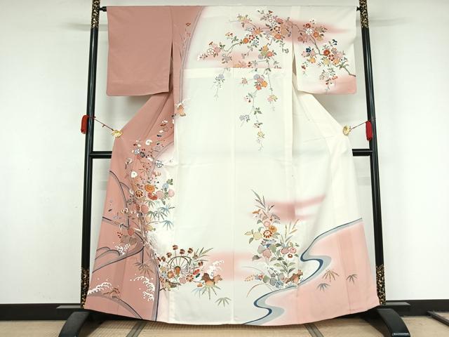 平和屋着物▽訪問着　単衣　駒刺繍　流水花文　暈し染め　正絹　逸品　AABL0337jh