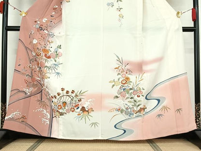 平和屋着物▽訪問着　単衣　駒刺繍　流水花文　暈し染め　正絹　逸品　AABL0337jh