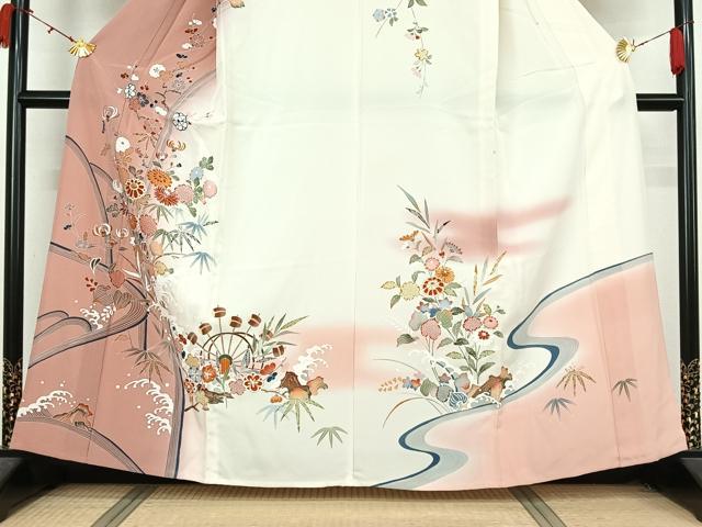 平和屋着物▽訪問着　単衣　駒刺繍　流水花文　暈し染め　正絹　逸品　AABL0337jh