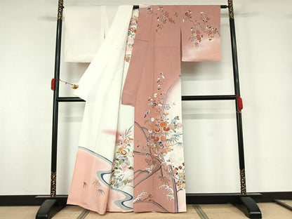 平和屋着物▽訪問着　単衣　駒刺繍　流水花文　暈し染め　正絹　逸品　AABL0337jh
