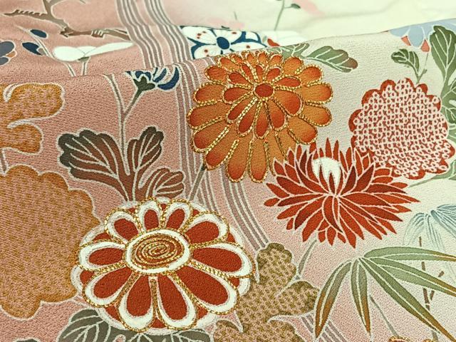 平和屋着物▽訪問着　単衣　駒刺繍　流水花文　暈し染め　正絹　逸品　AABL0337jh