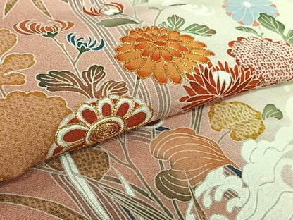 平和屋着物▽訪問着　単衣　駒刺繍　流水花文　暈し染め　正絹　逸品　AABL0337jh