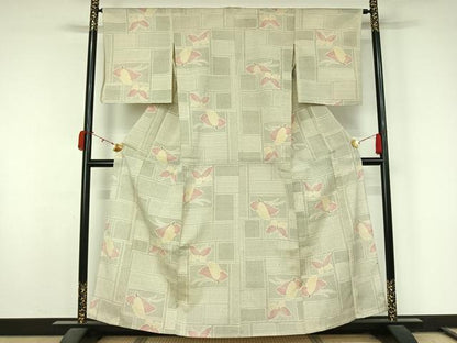 平和屋着物▽本塩沢　単衣　舞蝶文　正絹　逸品　AABL0340jh