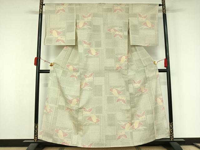 平和屋着物▽本塩沢　単衣　舞蝶文　正絹　逸品　AABL0340jh