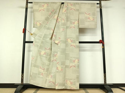 平和屋着物▽本塩沢　単衣　舞蝶文　正絹　逸品　AABL0340jh