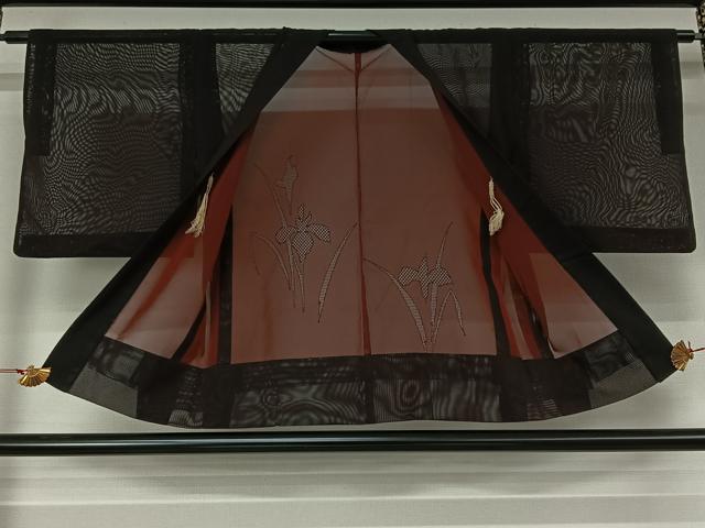 平和屋着物▽羽織　スリーシーズン　春夏秋　塵除け　燕子花　黒地　正絹　逸品　AABL0342jh