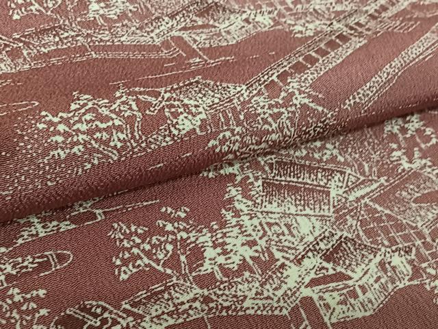 平和屋着物▽上質な小紋　単衣　風景文　鬼しぼ縮緬　正絹　逸品　AABL0343jh