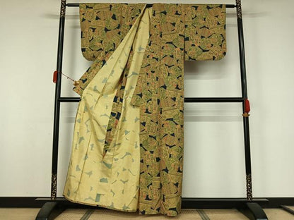 平和屋着物▽本場染大島紬　単衣　中世ヨーロッパ　正絹　逸品　AABL0347jh