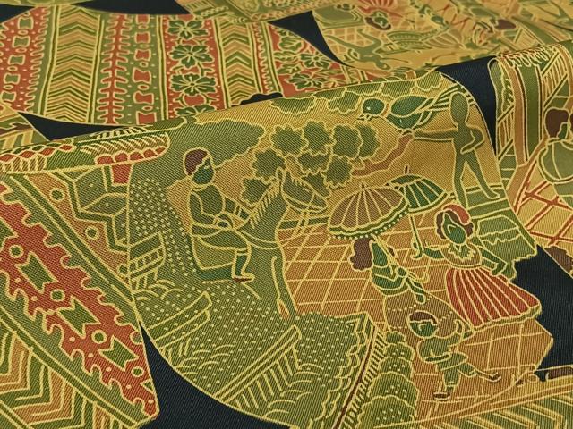 平和屋着物▽本場染大島紬　単衣　中世ヨーロッパ　正絹　逸品　AABL0347jh