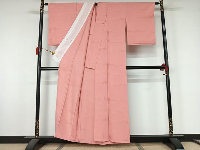 平和屋着物▽上質な色無地　単衣　風景地紋　鴇色　正絹　逸品　AABL0349jh