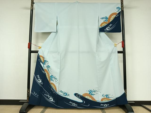 平和屋着物▽訪問着　単衣　立波片輪車文　洗える着物　AABL0351jh