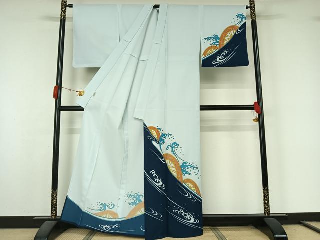 平和屋着物▽訪問着　単衣　立波片輪車文　洗える着物　AABL0351jh