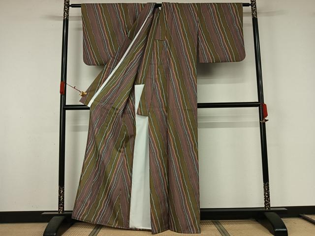 平和屋着物▽小紋　単衣　変わり斜縞　洗える着物　AABL0355jh
