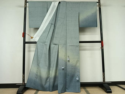 平和屋着物▽訪問着　単衣　紬地　作家物　手描き　陶器文　暈し染め　正絹　逸品　AABL0358jh