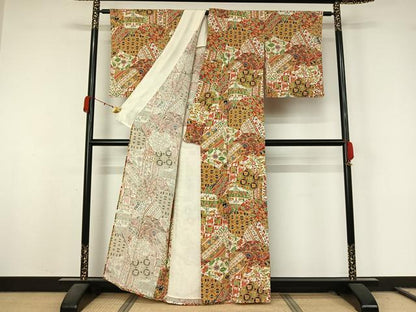 平和屋着物▽上質な小紋　単衣　鳥獣人物更紗花文　鬼しぼ縮緬　正絹　逸品　AABL0368jh