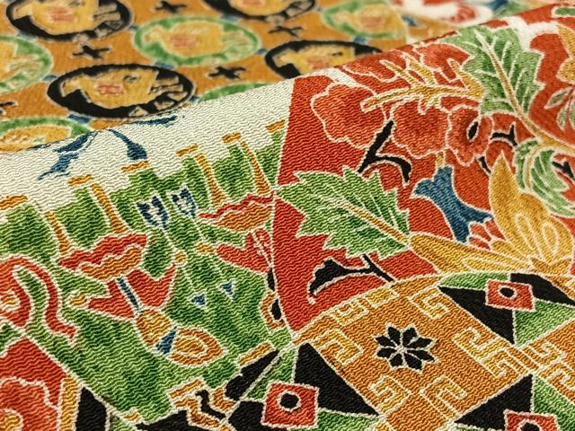 平和屋着物▽上質な小紋　単衣　鳥獣人物更紗花文　鬼しぼ縮緬　正絹　逸品　AABL0368jh