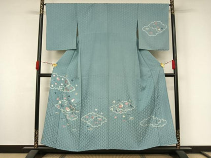 平和屋着物▽訪問着　単衣　中国三大刺繍　相良刺繍　絞り　雲重ね花文　正絹　逸品　AABL0370jh