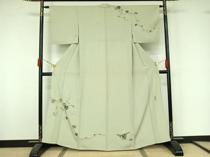 平和屋着物▽訪問着　単衣　作家物　宏龍　手描き　刺繍　花唐草文　勝虫　銀糸　正絹　逸品　AABL0372jh