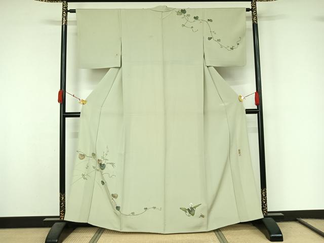 平和屋着物▽訪問着　単衣　作家物　宏龍　手描き　刺繍　花唐草文　勝虫　銀糸　正絹　逸品　AABL0372jh