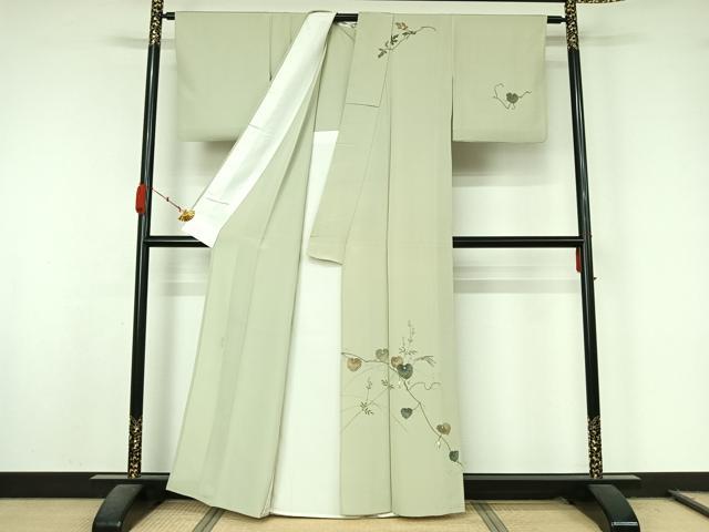 平和屋着物▽訪問着　単衣　作家物　宏龍　手描き　刺繍　花唐草文　勝虫　銀糸　正絹　逸品　AABL0372jh