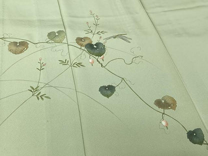 平和屋着物▽訪問着　単衣　作家物　宏龍　手描き　刺繍　花唐草文　勝虫　銀糸　正絹　逸品　AABL0372jh